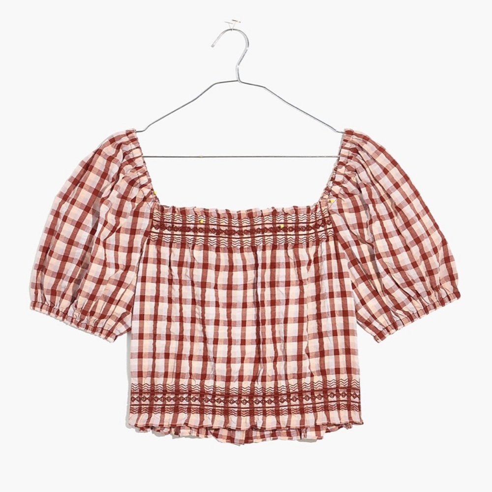NWT Madewell Seersucker Jeanette Top in Plaid - Medium - Maroon - Ivory - Picture 4 of 7